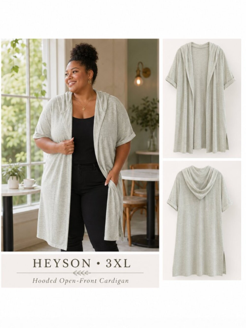 HEYSON 3XL Sage Green Hooded Cardigan • Open Front • Short Sleeves